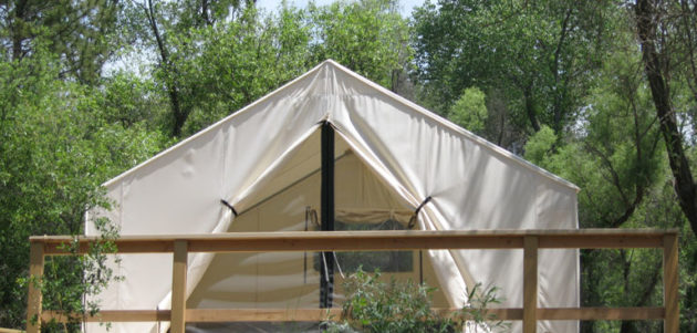 cabin tent camping with whitewater excitement