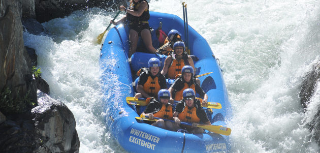 rafters in final drop of tunnel chute rapid on middle fork american near Sacramento